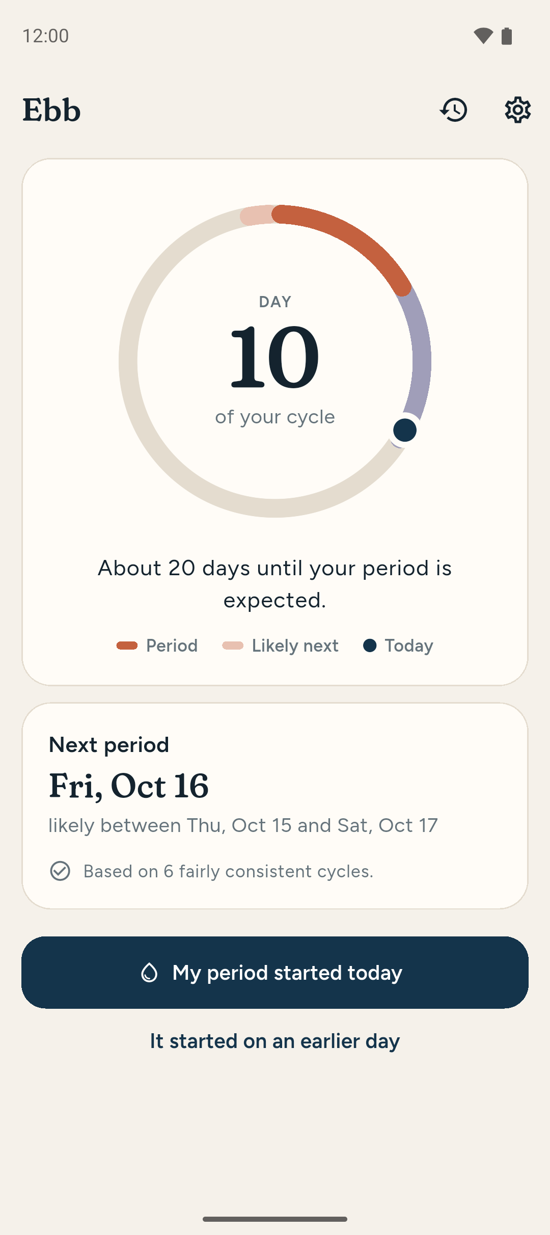 Ebb's home screen: day 10 of the cycle on a ring, with the next period expected between two dates